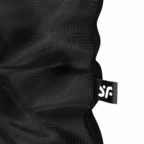 A textured black pouch with a logo tag