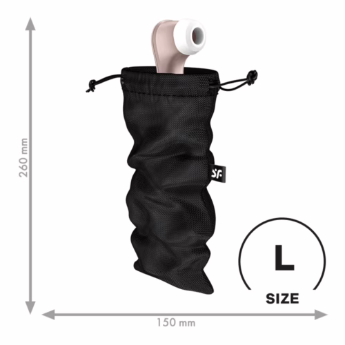 Satisfyer Treasure Bag in black mesh with a Satisfyer device partially visible