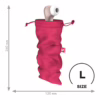 Pink Satisfyer Treasure Bag with a drawstring, holding a device