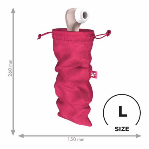 Pink Satisfyer Treasure Bag with a drawstring, holding a device