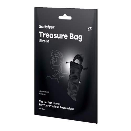 Satisfyer Treasure Bag packaging, featuring a black design with the text ''