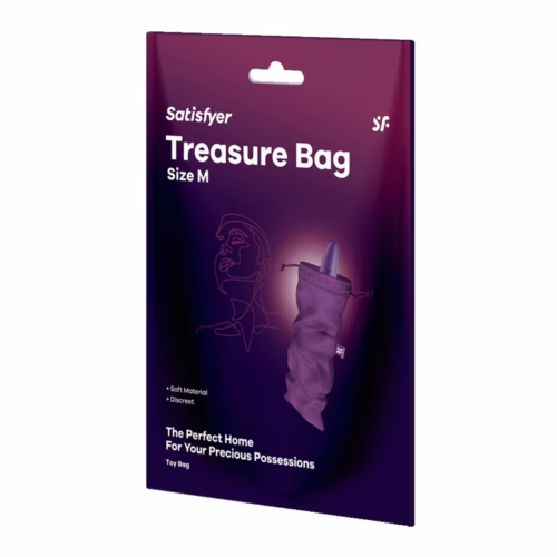 Satisfyer Treasure Bag packaging, showing a purple bag design with soft material