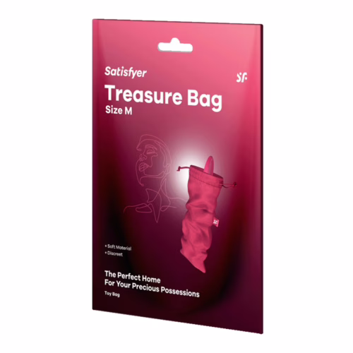 Satisfyer Treasure Bag packaging, showing a pink bag and product details