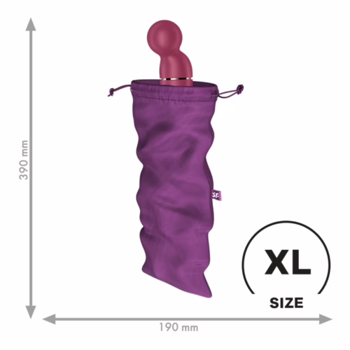 Purple Satisfyer Treasure Bag with a drawstring, dimensions 390 mm by 190 mm