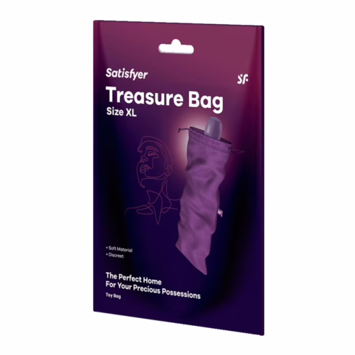Satisfyer Treasure Bag packaging, featuring a soft, purple toy bag design