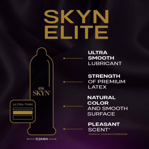 Experience the ultimate in comfort and pleasure with Skyn Elite condoms, available at The Loving Company. Skyn Elite Latex Free Condoms with key features listed