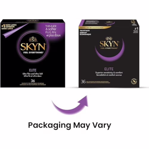 Experience superior sensitivity with Skyn Elite latex-free condoms, now available in a 36 pack. 36 pack of Skyn Elite latex-free condoms, featuring purple and black packaging