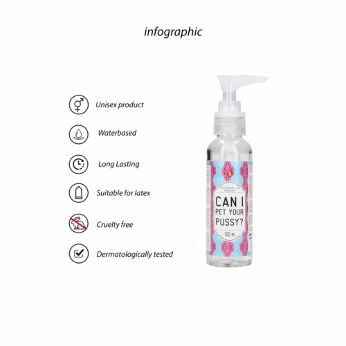Discover the unique features of this playful lubricant, available at The Loving Company. Water-based lubricant bottle labeled 'CAN I PET YOUR PUSSY?'