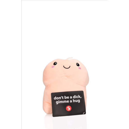This adorable plush toy is perfect for spreading positivity and warmth. Plush toy with a smiling face and a tag reading 'don't be a dick, gimme a hug,'