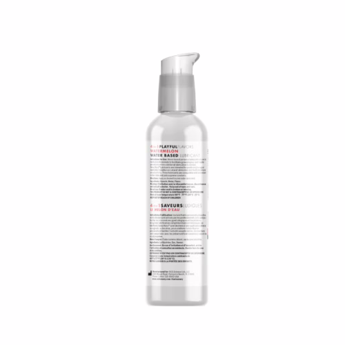 Watermelon-flavored lubricant bottle with product details