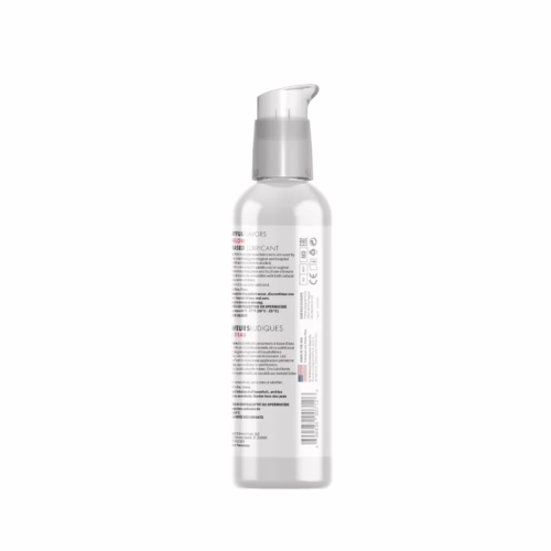 Watermelon-flavored lubricant bottle, with a pump top and detailed label