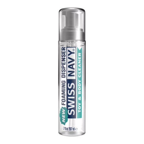 Swiss Navy Toy & Body Foaming Cleaner in clear bottle with pump dispenser