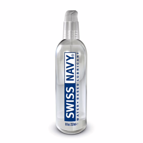 Clear bottle of Swiss Navy water-based lubricant