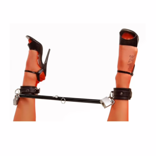 Adjustable steel spreader bar with cuffs and high-heeled shoes
