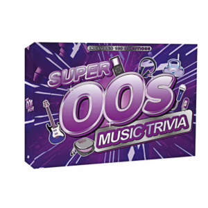 Test your music knowledge with the Super 00s Music Trivia game! Super 00s Music Trivia game box featuring purple design and musical icons