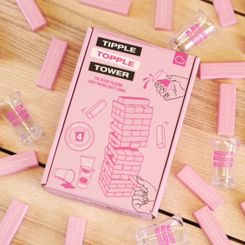 Tipple Topple Tower Party Game box and shot glasses