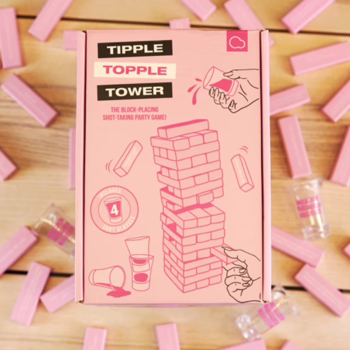 Tipple Topple Tower party game box with pink design, shot glasses, and block images