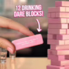 Bubblegum Stuff Tipple Topple Tower Party Game with pink dare blocks and shot glasses