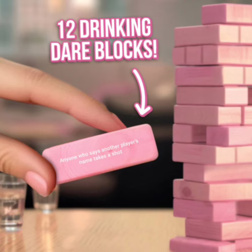 Bubblegum Stuff Tipple Topple Tower Party Game with pink dare blocks and shot glasses