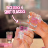 Two hands hold shot glasses labeled 'Tipple Topple Tower,'