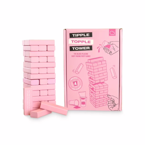 Tipple Topple Tower game with pink blocks and box