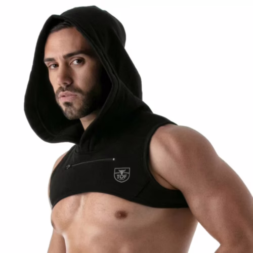 Tof Paris Paris Hoodie Harness - Black, worn by a model with a hood