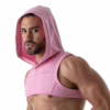 A man wearing a pink sleeveless hoodie harness