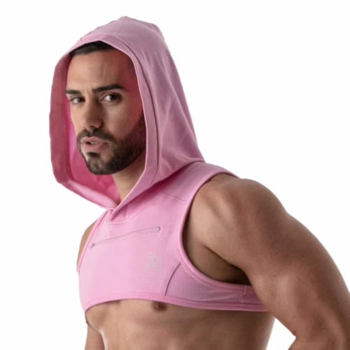Model wearing a pink Tof Paris Hoodie Harness
