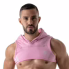 Pink cropped hoodie harness modelworn by a man with a beard