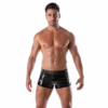 Black shiny mini shorts worn by a muscular male model