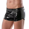 Black shiny Tof Paris Mini Shorts, featuring an elastic waistband and a sleek design