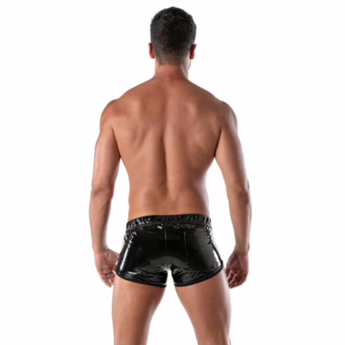 Black shiny mini shorts worn by a man