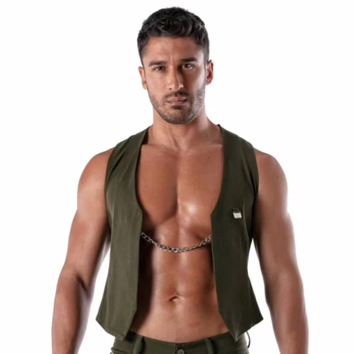 Tof Paris Patriot Chain Vest in green, worn by a model showcasing its unique design