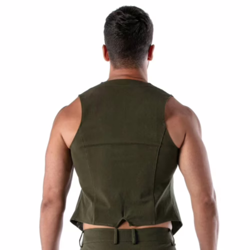 Back view of a man wearing a green Tof Paris Patriot Chain Vest