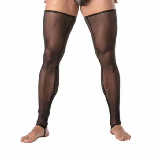 Black mesh long legs for men, highlighting a sheer design and fitted style