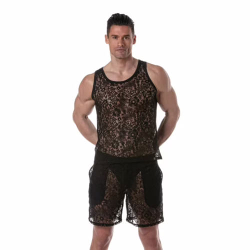 Black lace tank top worn by a model