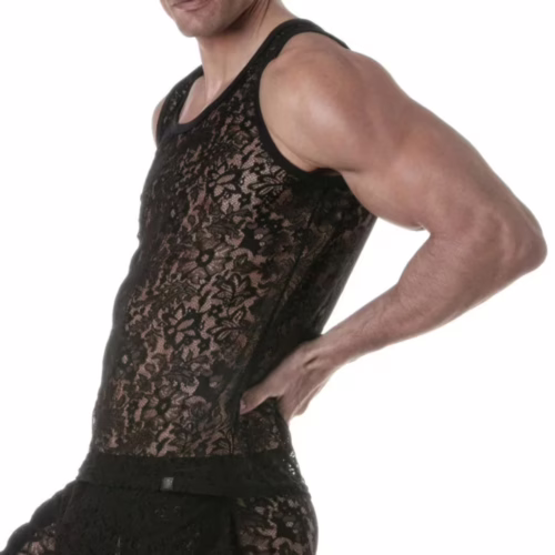 Model wearing a black lace tank top, showcasing intricate lace patterns