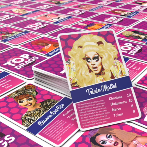 Discover the fabulous world of drag with the 'Top Drags' card game, available now! Colorful 'Top Drags' card game cards featuring characters like Trixie Mattel and Bianca Del Rio, available at The Loving C...