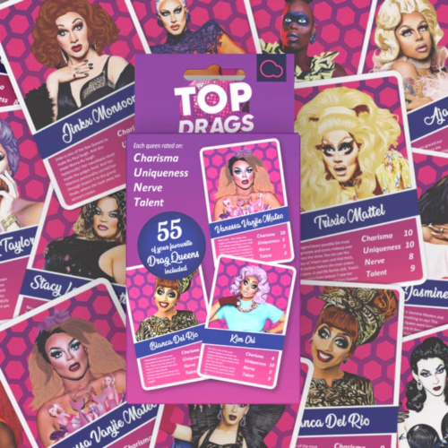 Discover your favorite drag queens with the Top Drags card game, available now! Top Drags Card Game featuring drag queen cards