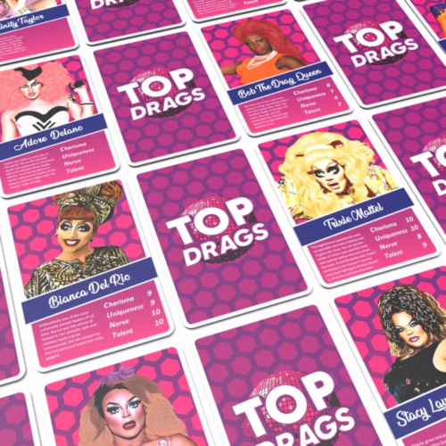 Get ready to play the 'Top Drags' card game and celebrate the art of drag! Colorful 'Top Drags' card game featuring drag queens' cards