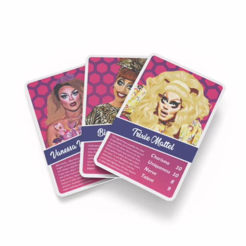 Get ready to play with your favorite drag queens in the Bubblegum Stuff Top Drags Card Game! Three cards from the Bubblegum Stuff Top Drags Card Game featuring drag queen illustrations