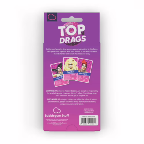 Battle it out with your friends in the ultimate drag queen card game, 'Top Drags'! Back of the 'Top Drags' card game by Bubblegum Stuff, featuring drag queen cards