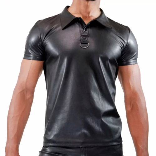 Tof Paris Fetish Polo in black, featuring a shiny finish and unique collar design