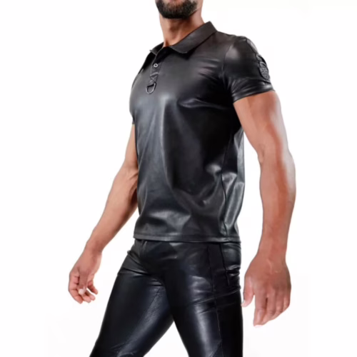 Black leather polo shirt with a collar and ring detail