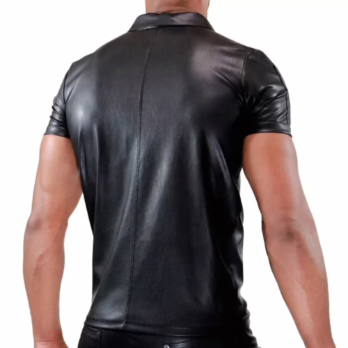 Black leather polo shirt with short sleeves