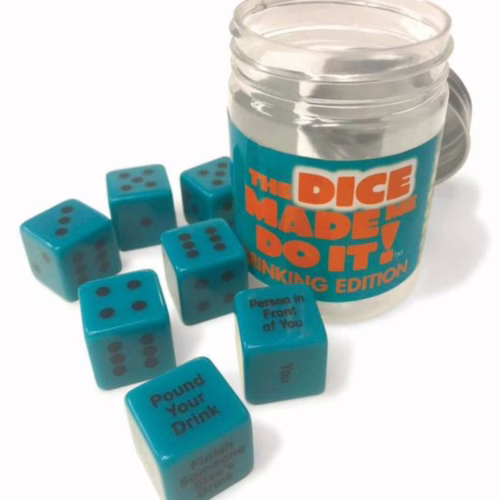 The Dice Made Me Do It Drinking Edition Game, features colorful dice and a clear jar
