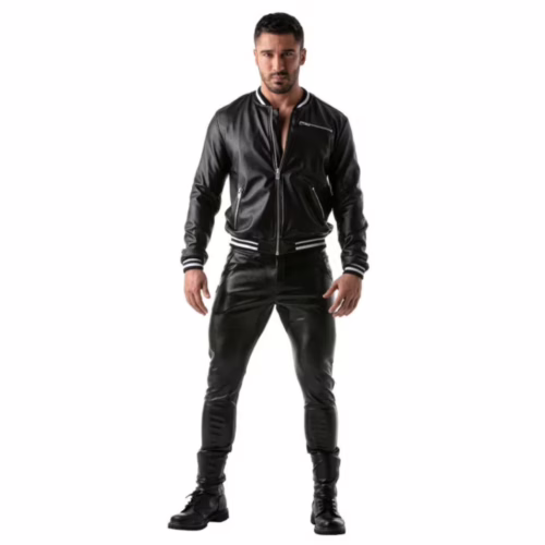Man wearing a black leather pilot bomber jacket and fitted pants