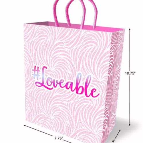 Pink gift bag with swirl pattern and '#Loveable' text