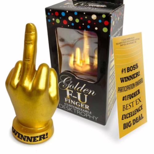 Celebrate achievements with a touch of humor using the Golden F-U Finger Trophy! Golden F-U Finger Trophy, featuring a raised middle finger and a decorative box
