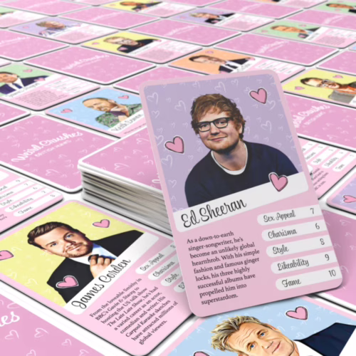 Explore charming traits of British hunks in this fun card game. Trading cards of British hunks, including Ed Sheeran and James Corden